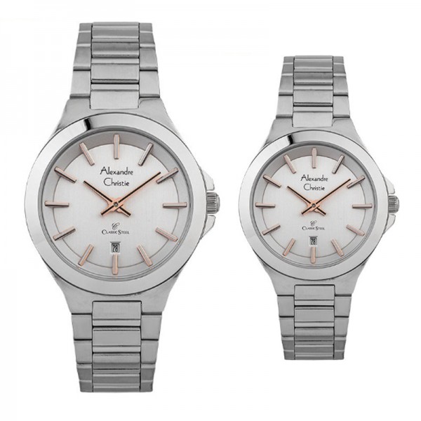 Alexandre Christie AC 8634 Silver White Rosegold Tick Couple